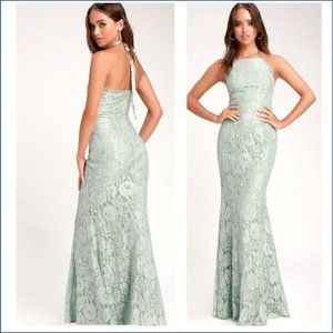 Lulu's Maxi Dress Gown sz  M Lace Green Sage Halter Every Memory Prom Mermaid